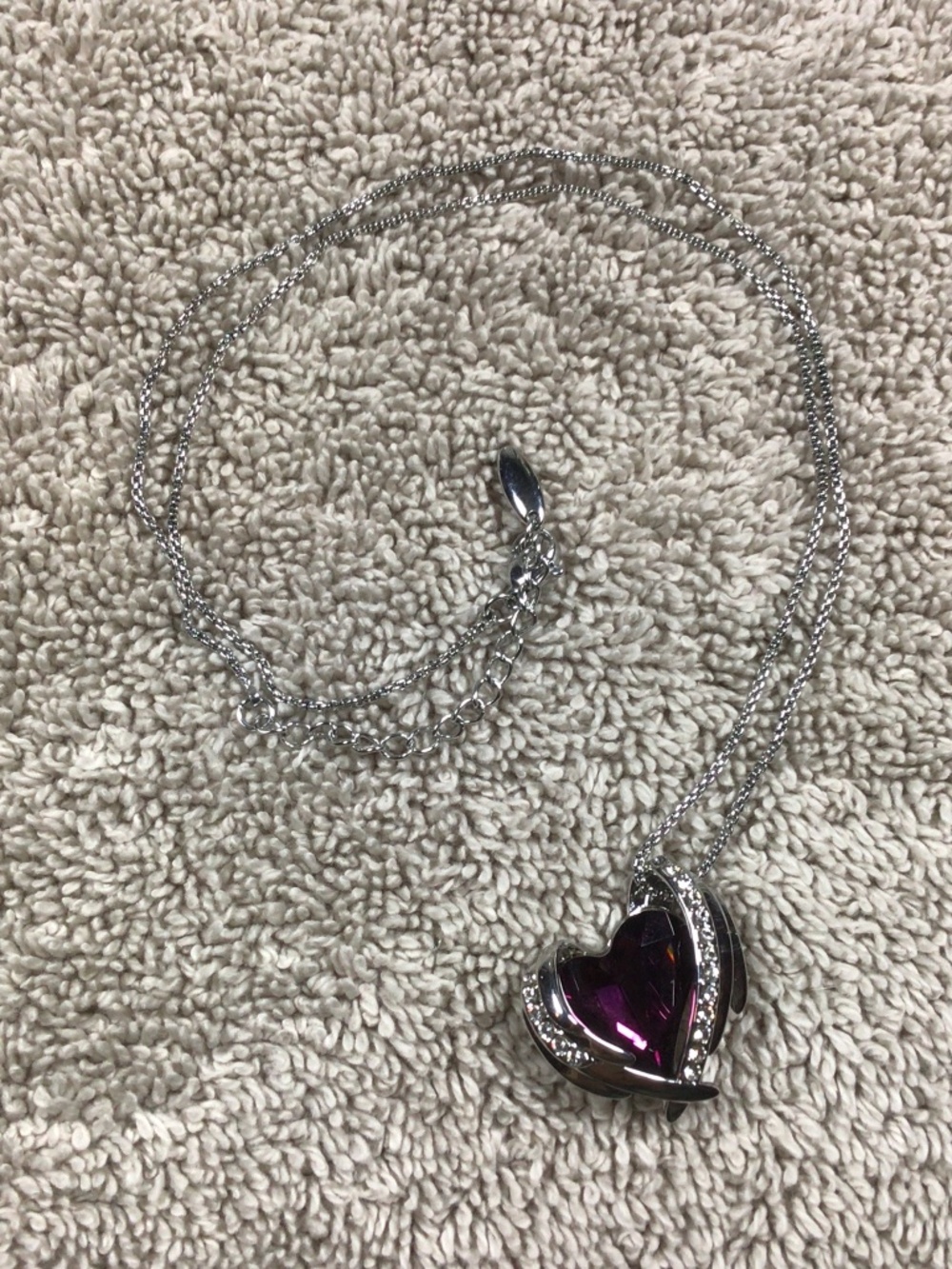 Purple colored Heart Crystal Angel Wings Halo Necklace with silver-toned chain